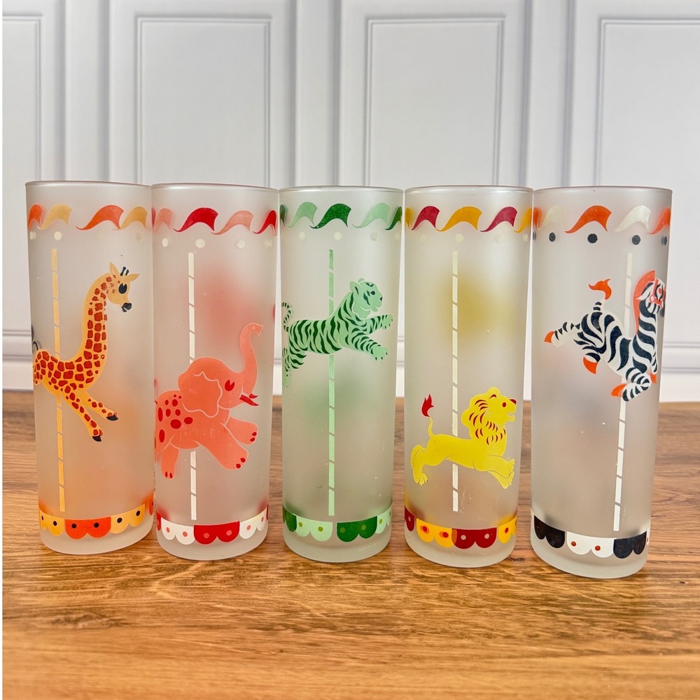 Vintage Libbey Carousel "Merry-Go-Round" Frosted 7" Tumblers Set of 5 1950s EUC